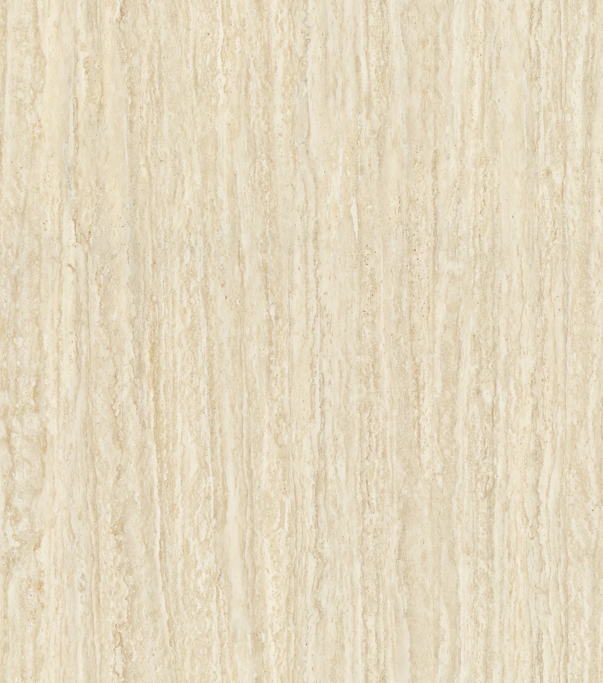 Vein-cut travertine swatch with vertical cream and sand banding and fine natural pitting.