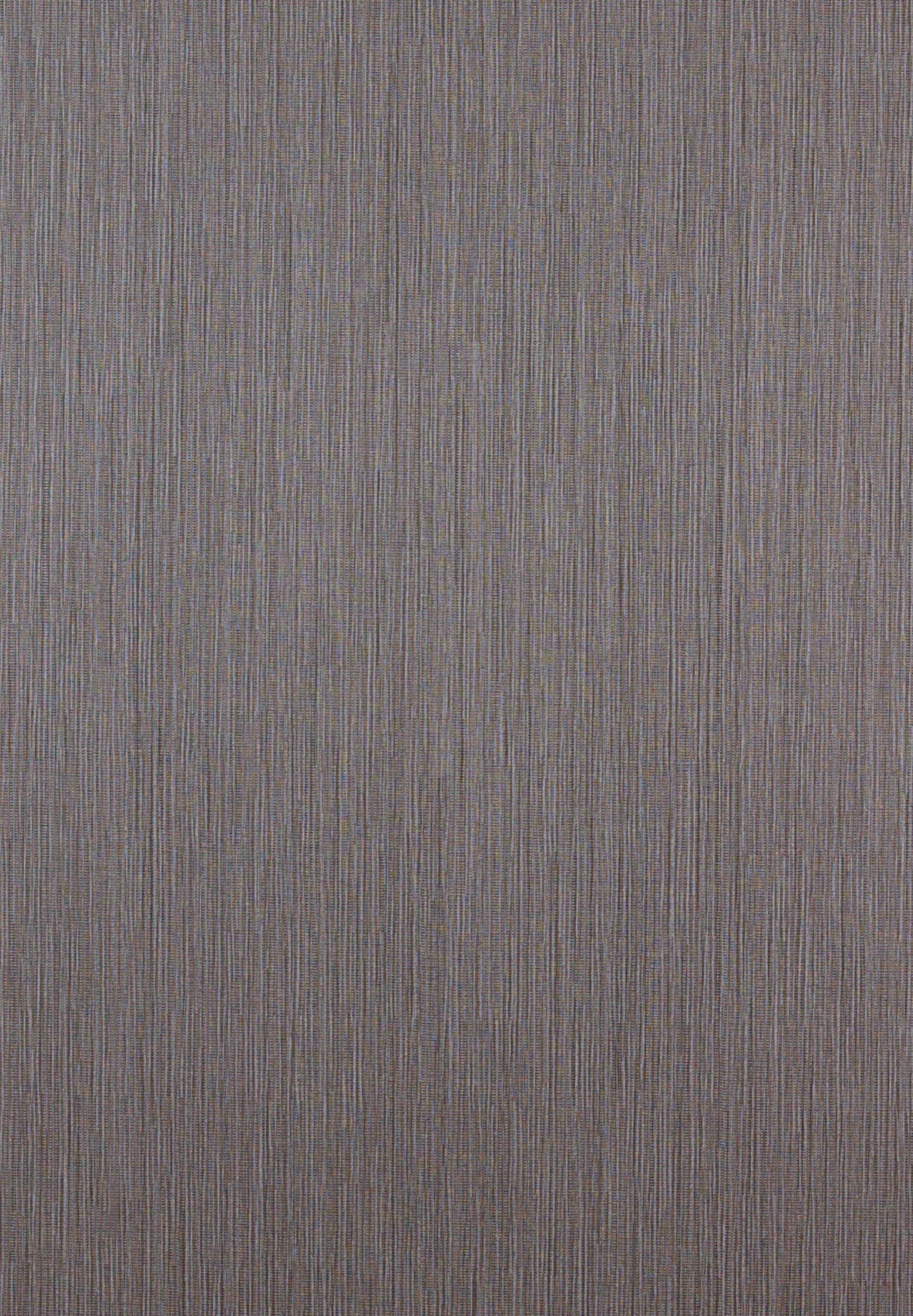 Greyed taupe woven swatch with fine vertical strands, short horizontal cross-threads, and bronze and blue-violet threads visible close up.