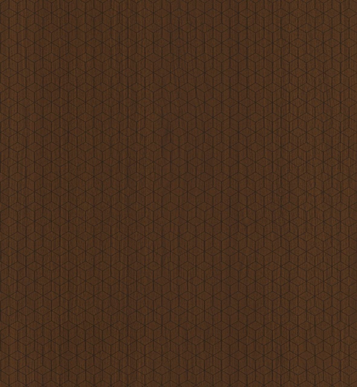 Chestnut-brown wood swatch engraved with an isometric lattice of interlocking cubes.