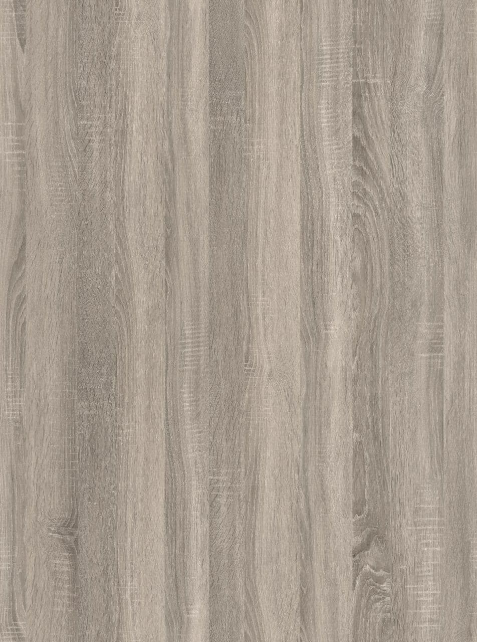 Greyed oak swatch with coarse open grain, pale silvery streaks and visible saw-cut texture.